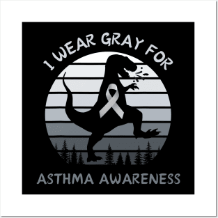 I Wear Gray For Asthma Awareness T-Rex Retro Sunset Posters and Art